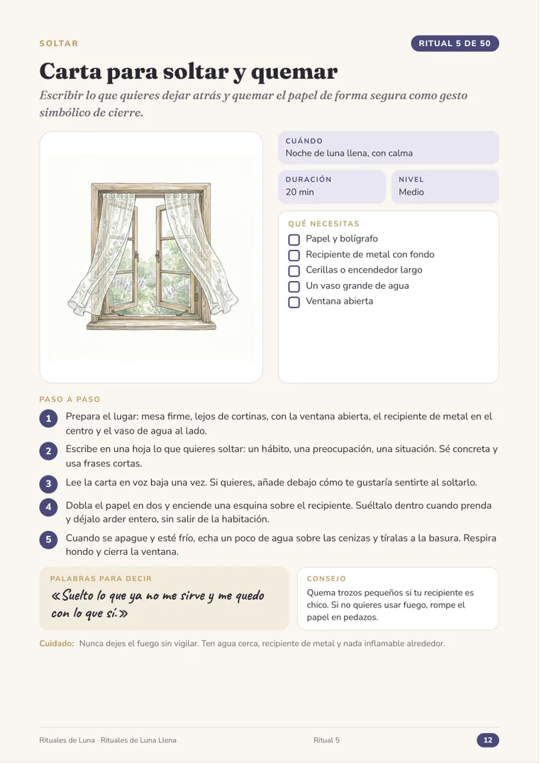 Página del ritual 5, Carta para soltar y quemar, de la guía Rituales de Luna Llena